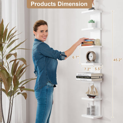 Fun Memories 7 Tier Wall Shelf Unit, White Floating Shelves for Storage - Vertical Column Tower Design, Lack Wall Shelf Space Saving Organizer for Bedroom, Living Room, Home Decor