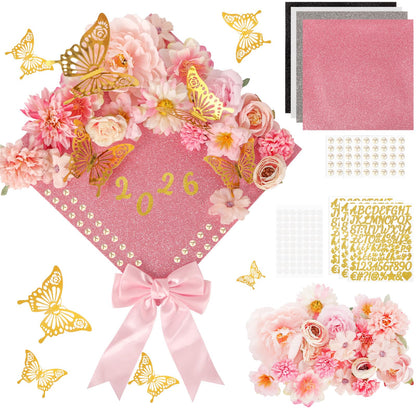 KOILLUXU DIY Graduation Cap Decoration Kit，Faux Flowers, 3D Butterflies, Pearls, Pink Bow, Grad Cap Topper, Letter Sheets & Adhesive Dots for Grad Party