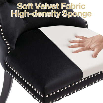 Homedraft Velvet Dining Chairs Set of 4, Nikki Collection Dining Room Chairs with Wood Legs and Pull Ring, Luxury Side Chair with Nailhead Trim and Button Tufted Back, Black