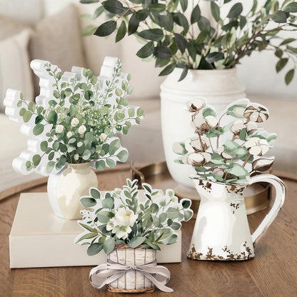 BrightRow 3 Pcs Eucalyptus Table Decor Retro Sage Green Centerpiece for Tiered Tray Floral Block Tabletop Signs for Home Plaque Housewarming Gift