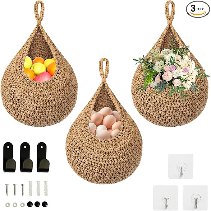 Hanging Fruit Baskets for Kitchen, 3 Pack Boho Wall Hanging Basket for Fruits &