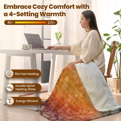 Bearhug Electric Blanket King Size 100" x 90", Dual Controller Heated Blanket, White Flower Patterns Faux Fur & Warm Sherpa, 10-Heat Levels & 1-12H Auto Off,ETL, Machine Washable