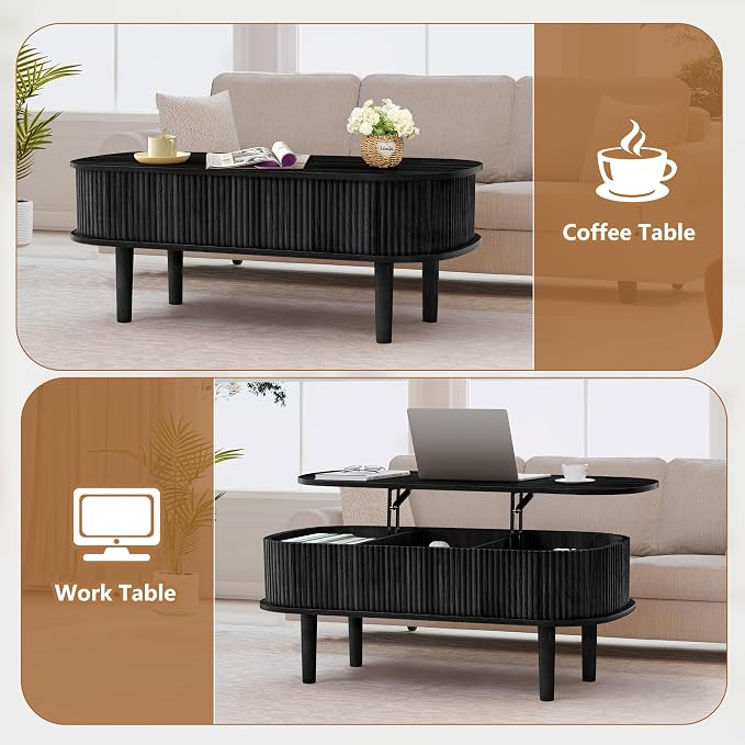 Fully Assembled Fluted Lift Top Coffee Table with Hidden Compartment, Wooden Center Table, Modern Oval Lift Tabletop for Home Living Room Office, Black