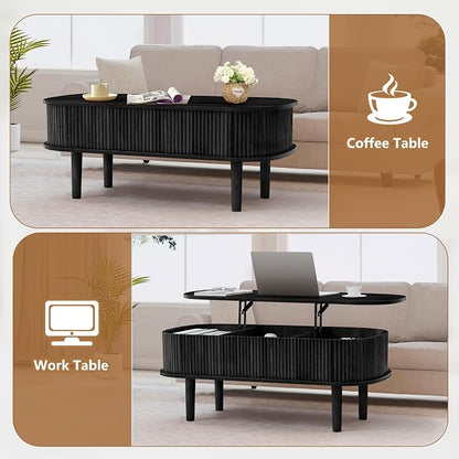 Fully Assembled Fluted Lift Top Coffee Table with Hidden Compartment, Wooden Center Table, Modern Oval Lift Tabletop for Home Living Room Office, Black