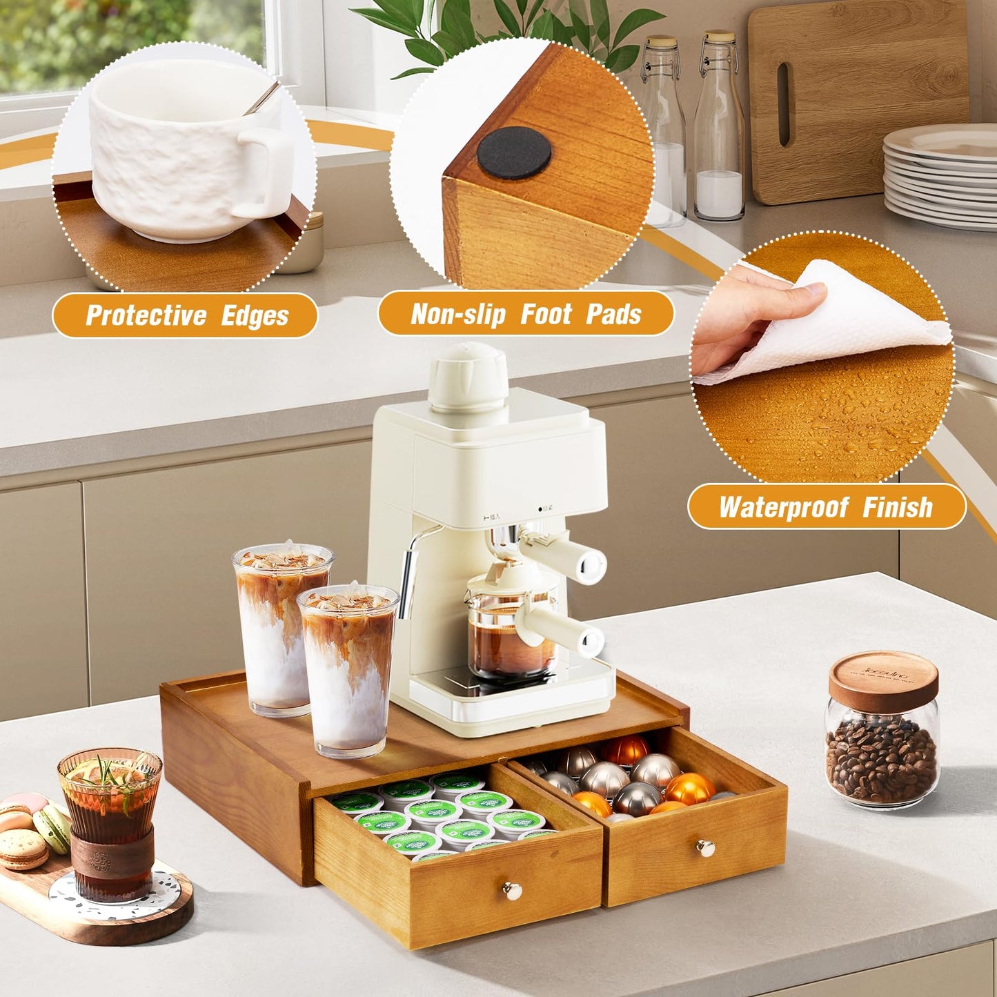 Inlisy 15.8"L X 11.8"W X 4"H Wooden K cup Storage, Keurig Stand With Storage, Coffee Pod Holder Organizer, Desktop Kitchen Storage with 2 Drawers, 30/40/60 Pod Capacity, Natural