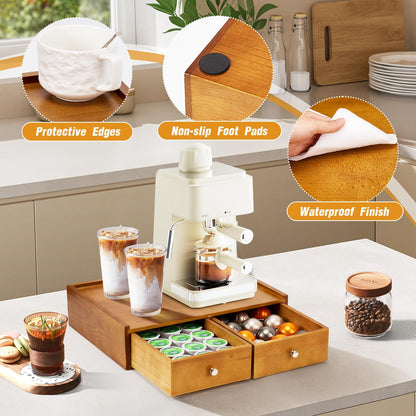 Inlisy 15.8"L X 11.8"W X 4"H Wooden K cup Storage, Keurig Stand With Storage, Coffee Pod Holder Organizer, Desktop Kitchen Storage with 2 Drawers, 30/40/60 Pod Capacity, Natural