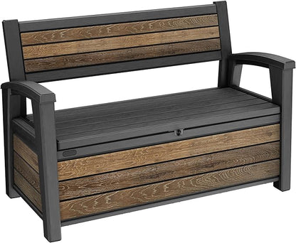 Keter Signature 60 Gallon Storage Bench Deck Box for Patio Furniture, Front Porch Decor and Outdoor Seating – Perfect to Store Garden Tools, Walnut