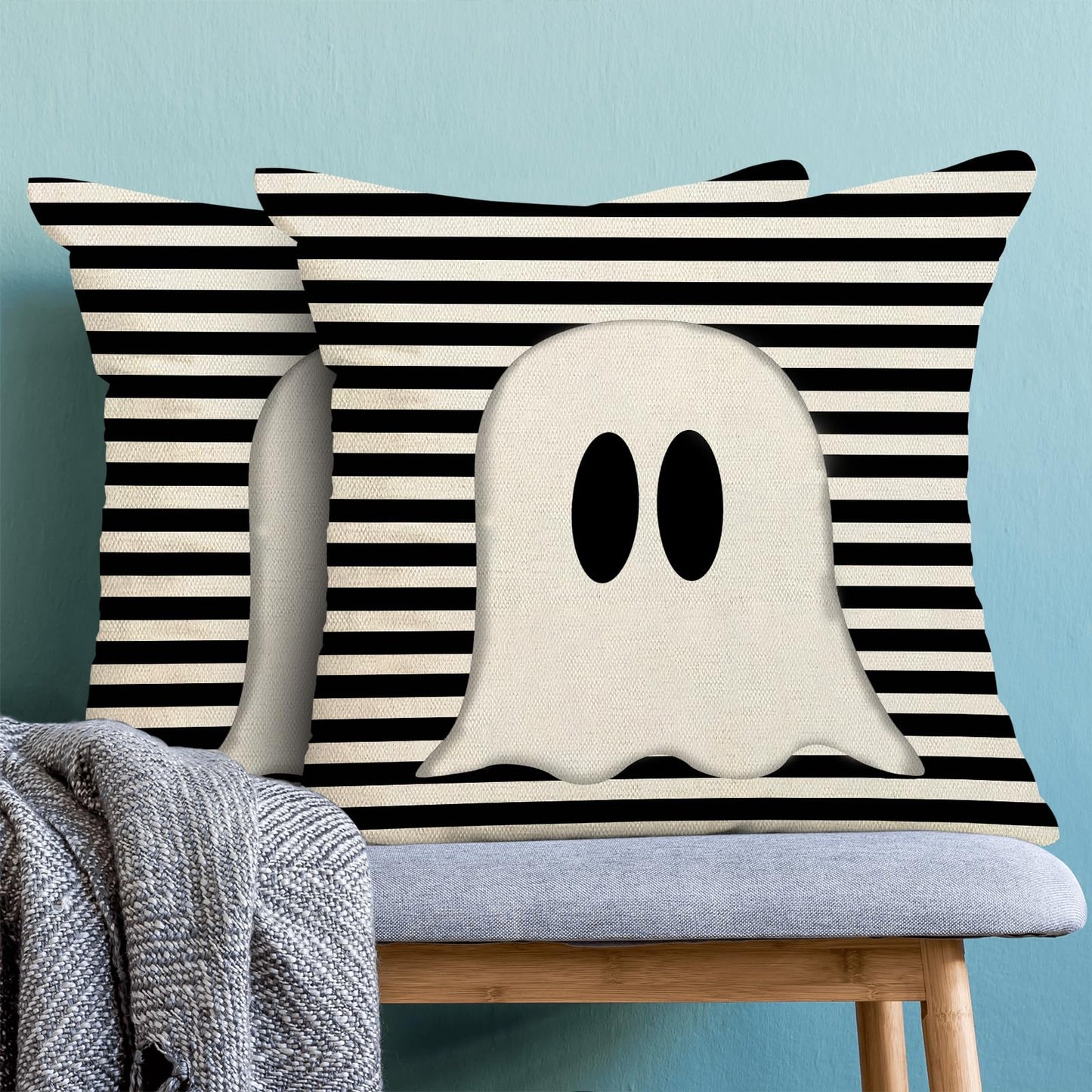 Yxuiyal Halloween Pillow Covers 22x22 Set of 2 Black Stripe Cute Ghost Throw Pillow Covers for Home Decoration Cushion Case for Couch Sofa Halloween Decor