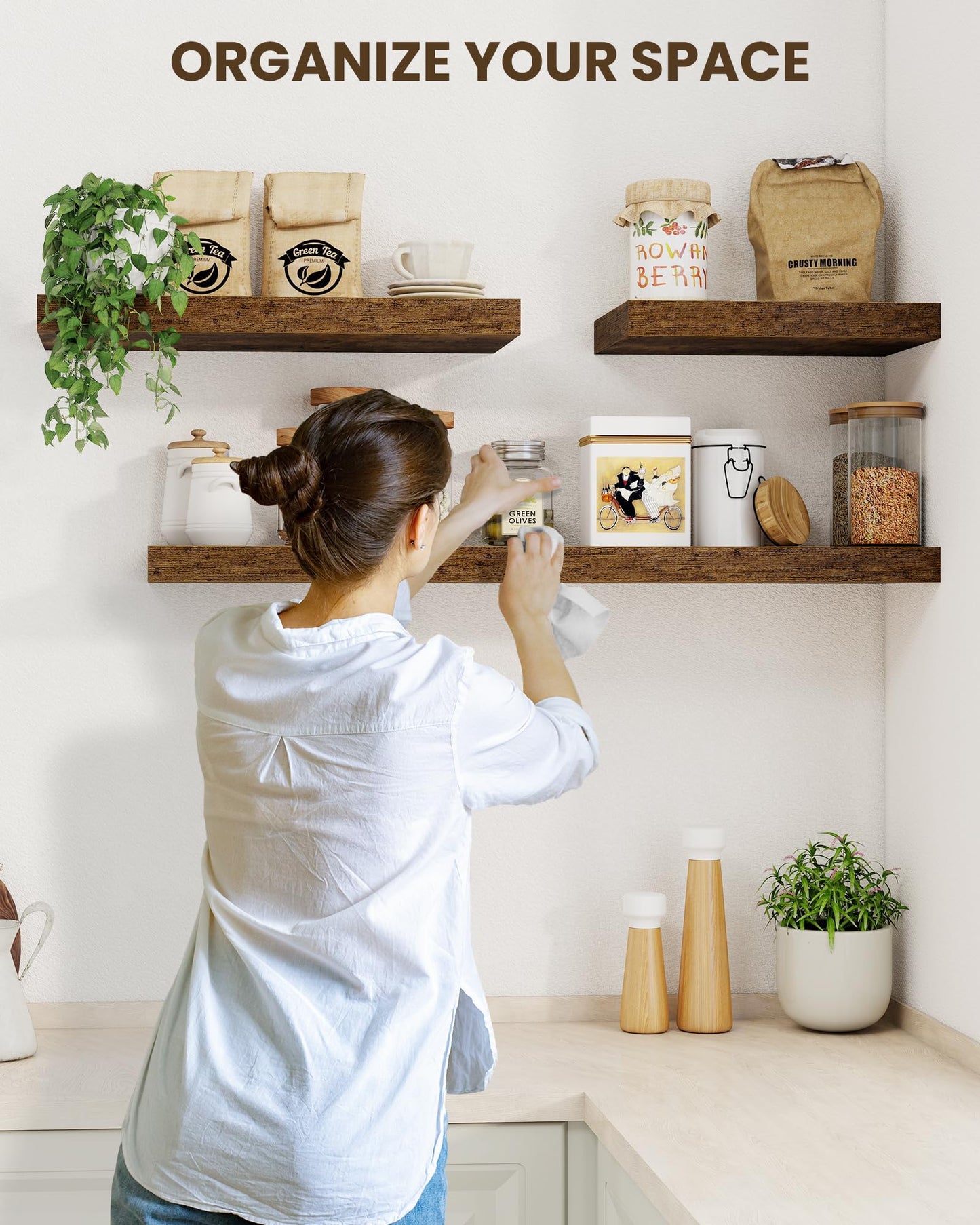 Marsmiles 72" Floating Shelves for Wall, Wooden Shelves with Invisible Brackets Set of 2, Rustic Farmhouse Wall Mounted Shelf for Kitchen Bathroom Living Room Study, Rustic Brown