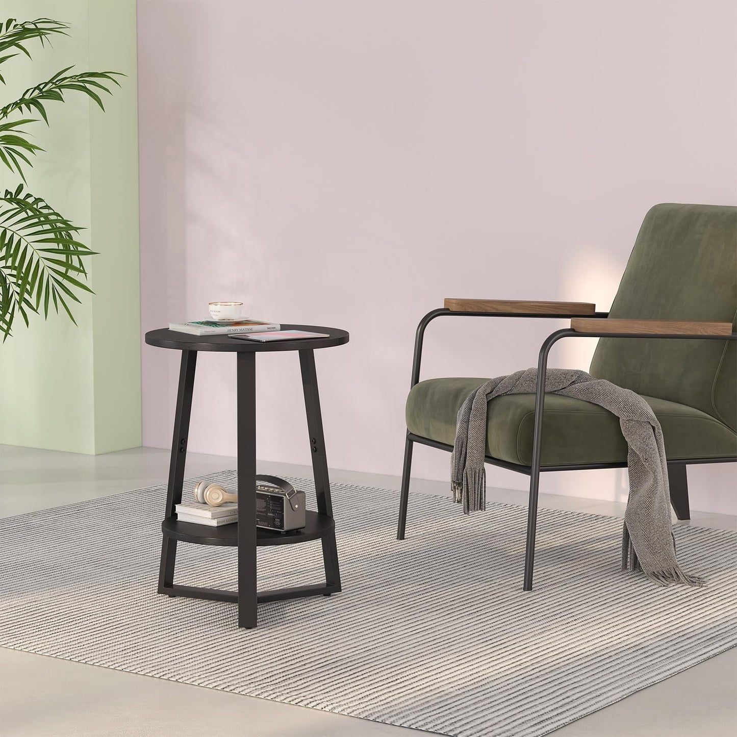 sthmec Small Round End Table, 2 Tier Side Table with Storage Shlef,Coffee Table Wooden Tabletop & Metal Frame,Round Accent Table Small Nightstands Couch Tables for Bedroom,Livingroom, Black