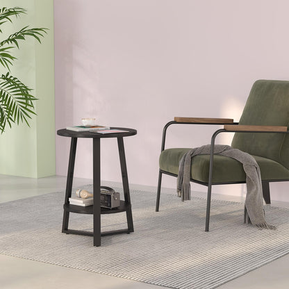 sthmec Small Round End Table, 2 Tier Side Table with Storage Shlef,Coffee Table Wooden Tabletop & Metal Frame,Round Accent Table Small Nightstands Couch Tables for Bedroom,Livingroom, Black
