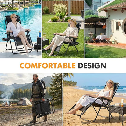 NEWBULIG Zero Gravity Chair Set of 2, Lounge Chair Folding Portable Adjustable Camping Reclining Chairs with Adjustable Pollow, Mesh Back, Cup Holder Trays Lawn Patio Chair for Pool Beach - Black