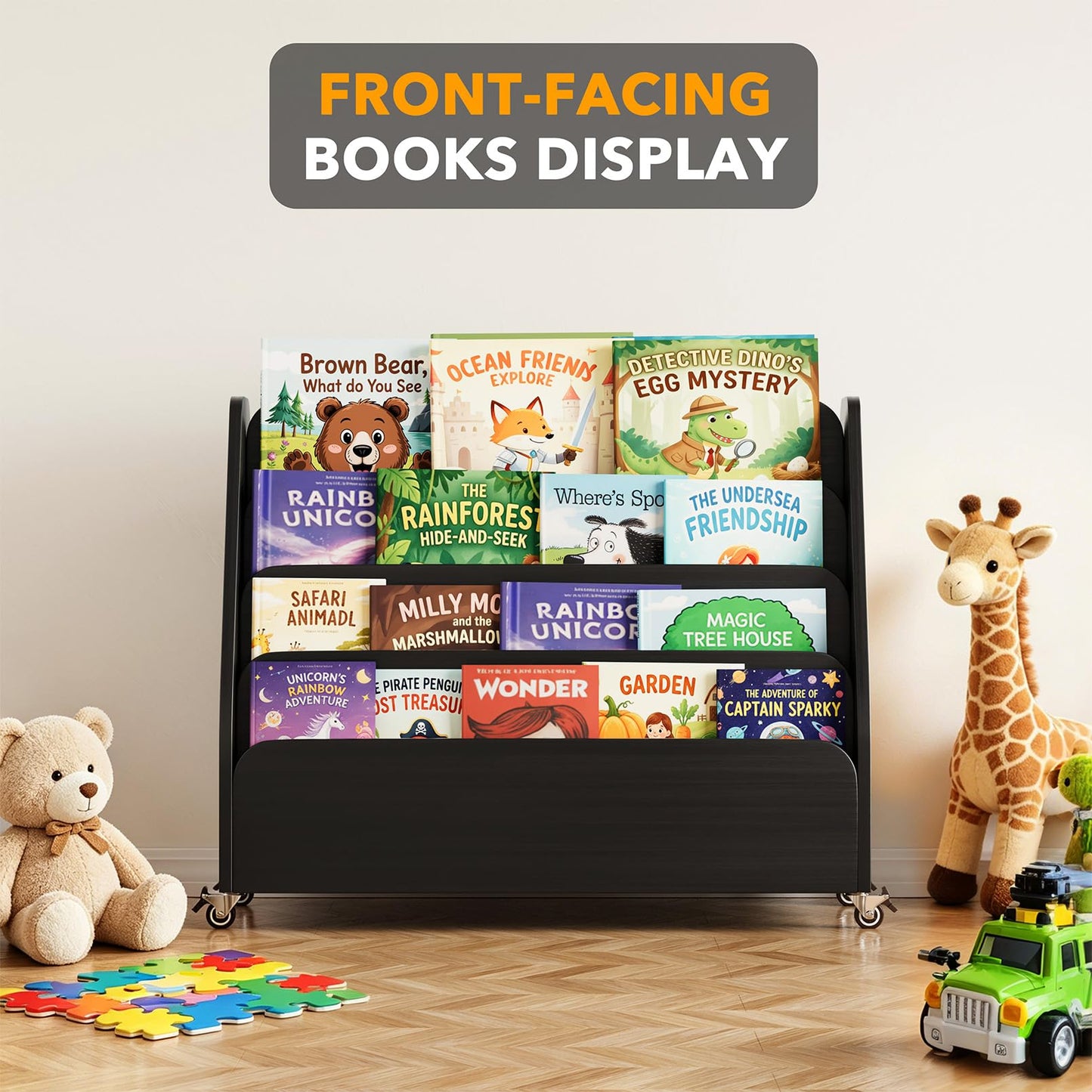 SpaceAid Double-Sided Mobile Bookshelf, Montessori Bookcase for Toddlers, Wooden Book Storage Organizer Shelf Furniture for Kids Rooms, Playroom, Nursery and Classroom, 29.5“ Wide 4-Tier, Black