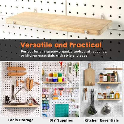 SEMPOMA 2 Pack Solid Wood Pegboard Shelf, High Balance and No tilt, 12" x 4" Pegboard Shelves Fit 1/4" Pegboard for Display Craft Garage Workbench Office