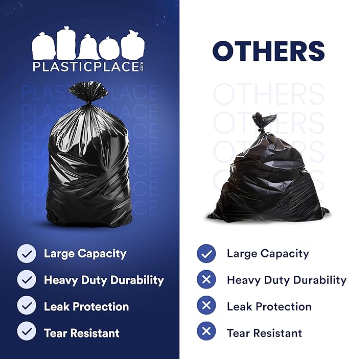 Plasticplace 55-60 Gallon Trash Bags │ 1.5 Mil │ Black Heavy Duty Garbage Can