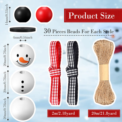 180 Piece DIY Christmas Crafts for Adults Snowman Wooden Bead for Crafts Winter Wooden Bead Christmas Buffalo Plaid Wood Round Print Beads with DIY Twine Scarf (Vivid Color)