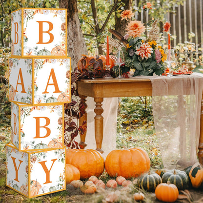 AmazingSpark 4 Pcs Little Pumpkin Baby Shower Boxes with Letters Fall Pumpkin Candy Box Decor with Letters Blocks Baby Shower Centerpiece for Party Backdrop