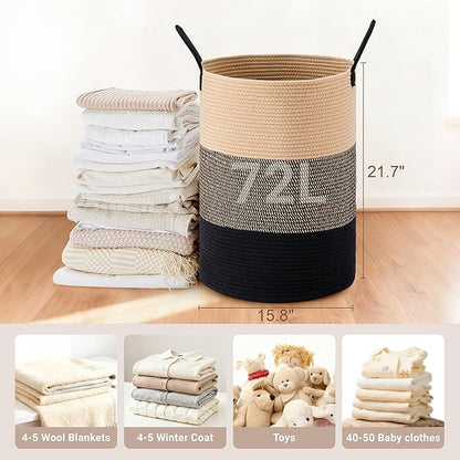 Tall Laundry Basket with Handles, 72L Portable Dirty Clothes Hamper, Boho