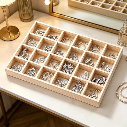 JUANERJIE Stackable 24 Compartments Wood Display Tray, Wooden Grid Sorting Organizer Tray, Versatile Showcase Storage for Jewelry, Accessories, Ties and Daily Small Items