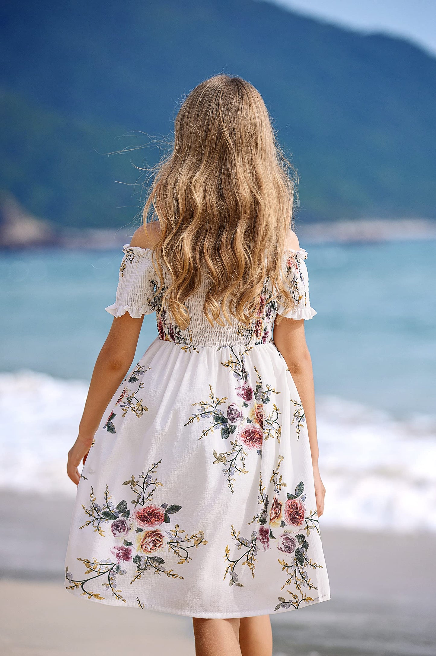 Arshiner Girl Short Sleeve Floral Print Cute Casual Fit and Party Dress White for 12-13 Years