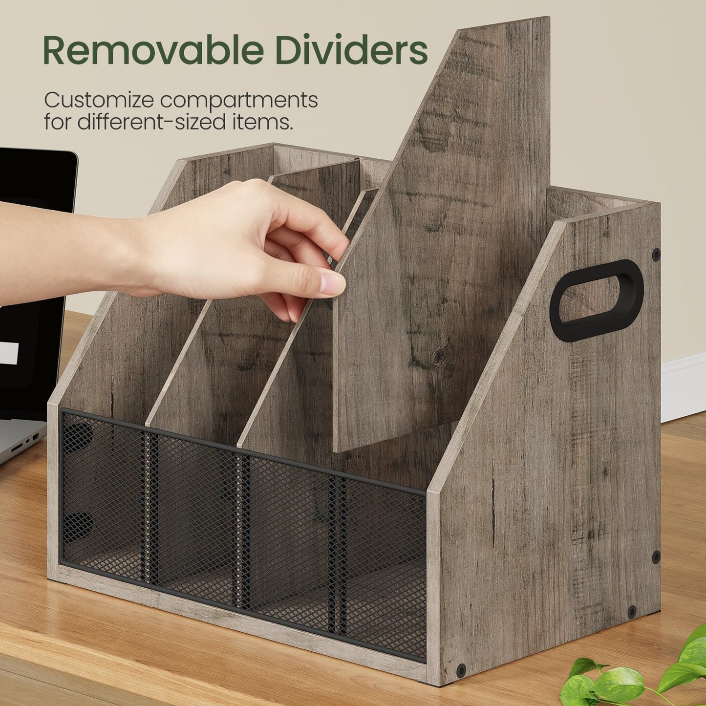CHOEZON Wooden Desktop File Organizer with Removable Dividers, Mesh Front Panel for Paper, Mail, Magazine, Home Office Desk Storage, Easy Assembly, Greige MWJ06FH