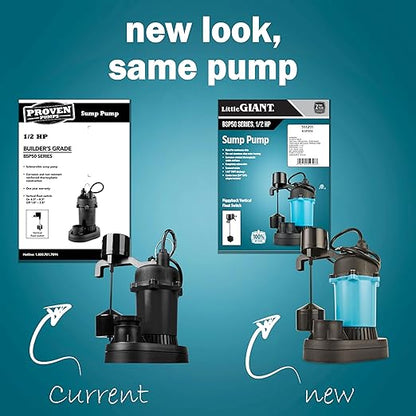 Little Giant BSP50V 1/2 HP, 115 Volt, 3180 GPH Automatic Submersible Epoxy Coated Cast Aluminum Sump Pump with Piggy-back Vertical Switch and 8-Ft. Cord, Blue, 511251
