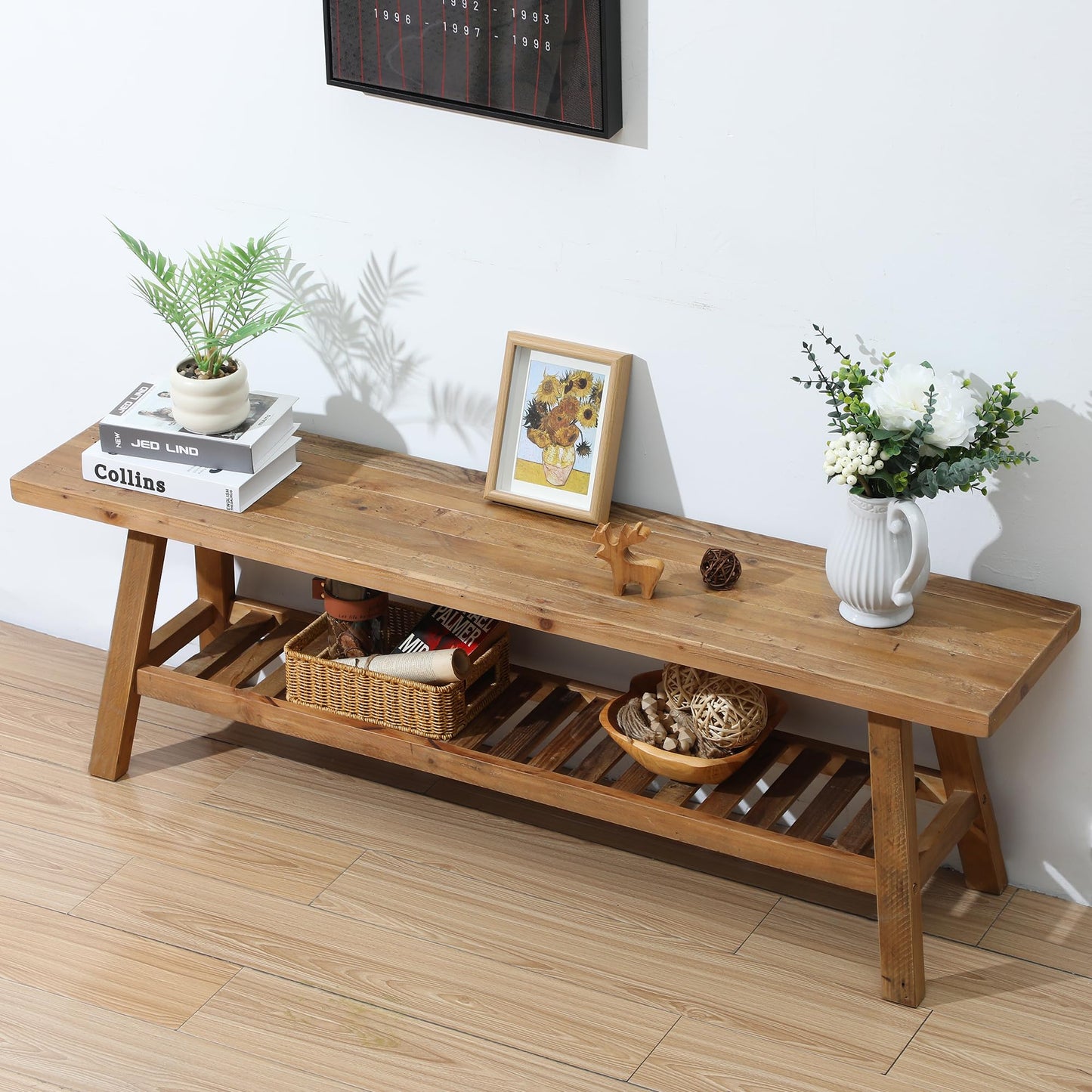 HOKYHOKY Reclaimed Solid Wood Bench-55 Inches Farmhouse Entryway Bench with Storage Shelf, Narrow Rustic Bench for Hallway, Kitchen, Bedroom, Dining