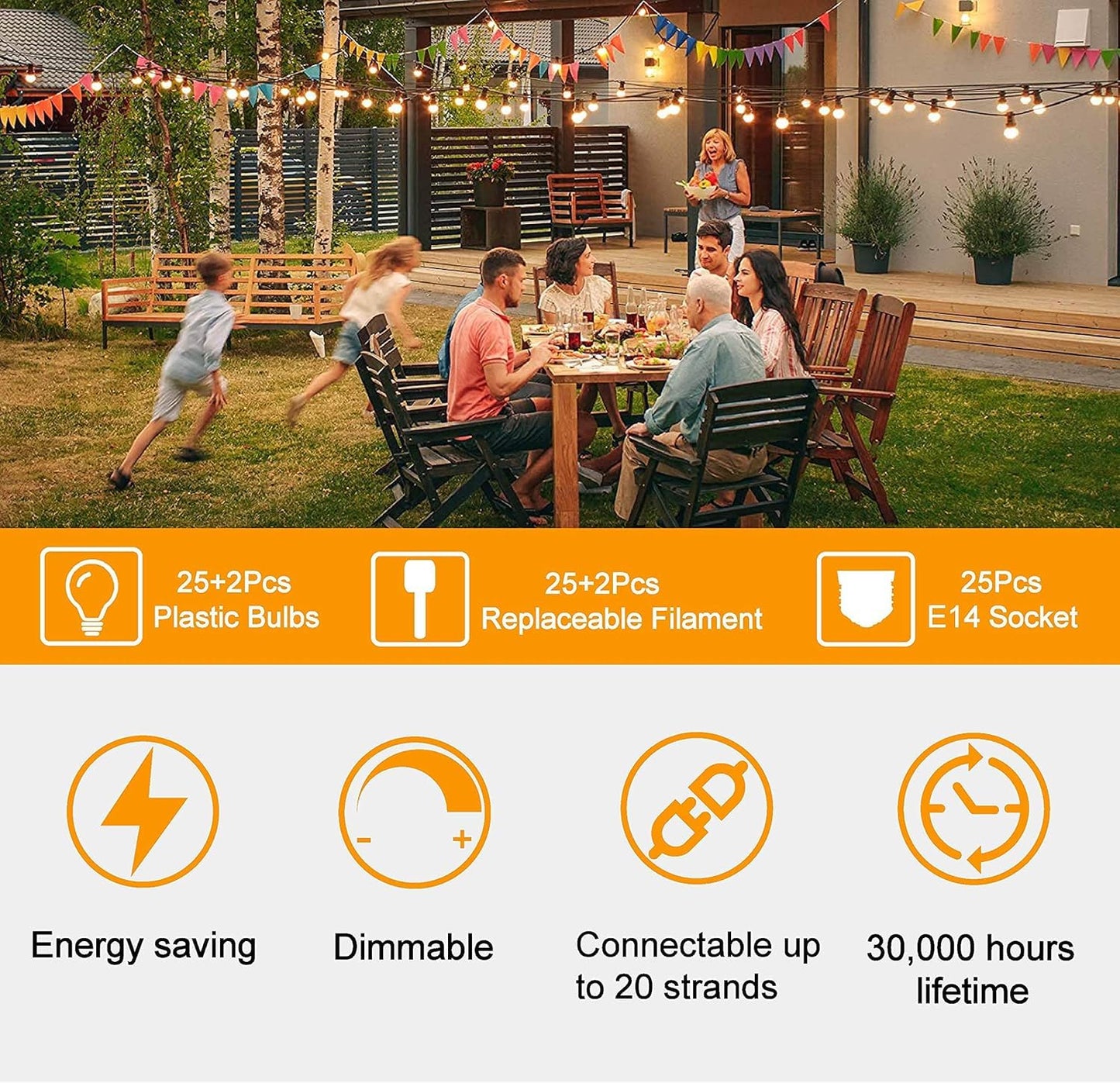 ZOTOYI Outdoor String Lights 50FT, Patio Lights with 27 LED Plastic ST38 Edison Bulbs(2 Spare), Waterproof IP65 Outside Hanging for Backyard, Garden, Cafe, Gazebo, PorchDimmable 2700K