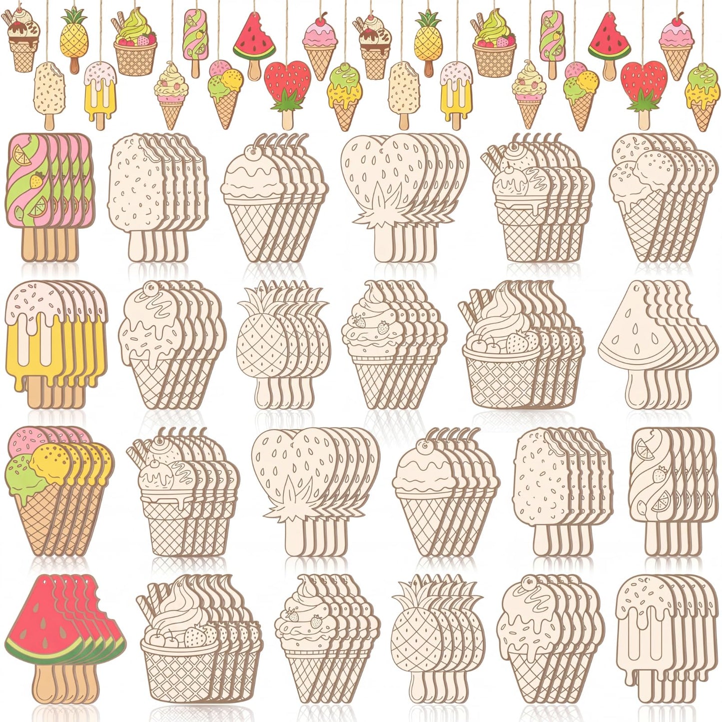 Thyle 120 Pcs Summer Ice Cream Crafts Bulk Wooden Ice Cream Ornaments to Painting DIY Unfinished Blank Wood Cutout for Crafts for Summer Party Activities