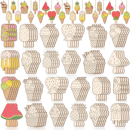 Thyle 120 Pcs Summer Ice Cream Crafts Bulk Wooden Ice Cream Ornaments to Painting DIY Unfinished Blank Wood Cutout for Crafts for Summer Party Activities