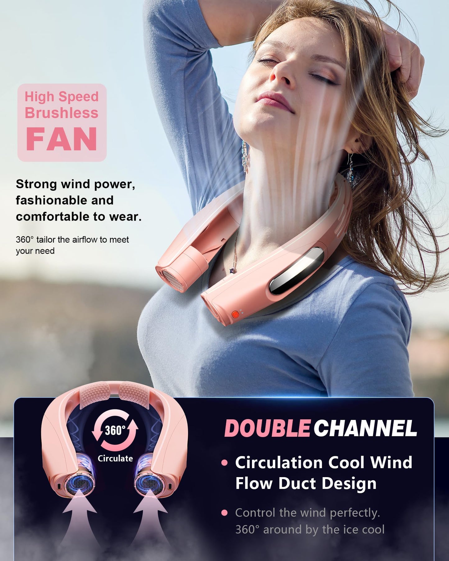 ZEEFO Portable Neck Fan, Hands Free Personal Fan- 6000mAh Battery Operated, Ultra-Quiet USB Rechargeable Fan with 6 Adjustable Speeds, Cooling Wearable Fan for Home, Office, Outdoor, Travel-Pink