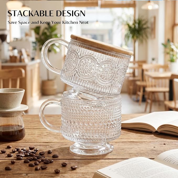 INSETLAN Vintage Glass Coffee Mugs 14 oz Set of 4, Embossed Overnight Oats Containers with Bamboo Lids and Spoons, Glass Coffee Cups for Tea, Cappuccino, Latte, Cereal and Yogurt, Gifts for Women