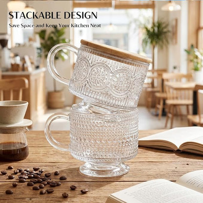 INSETLAN Vintage Glass Coffee Mugs 14 oz Set of 2, Embossed Overnight Oats Containers with Bamboo Lids and Spoons, Glass Coffee Cups for Tea, Cappuccino, Latte, Cereal and Yogurt, Gifts for Women
