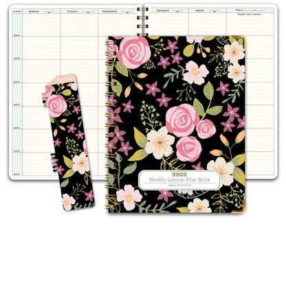 Elan Publishing Company HARDCOVER 7 Period Teacher Lesson Planner - Days Horizontally Across The Top with Bonus Clip-in Bookmark (Black Floral)
