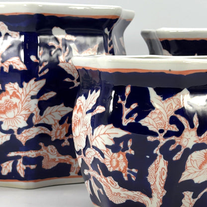 Galt International Blue & Pink Round Fluted Floral Porcelain Ceramic Plant Flower Planter Pot Set of 3 (7.5", 10", 13") Garden Pots Chinese Asian Design