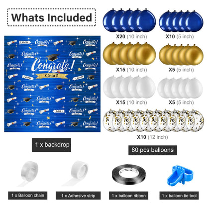 Graduation Party Decorations Including Congrats Grad Photography Backdrop Banner Balloons Garland Arch Kit for Adults Kids Grad Party Decoration Supplies (Navy Blue and Gold)