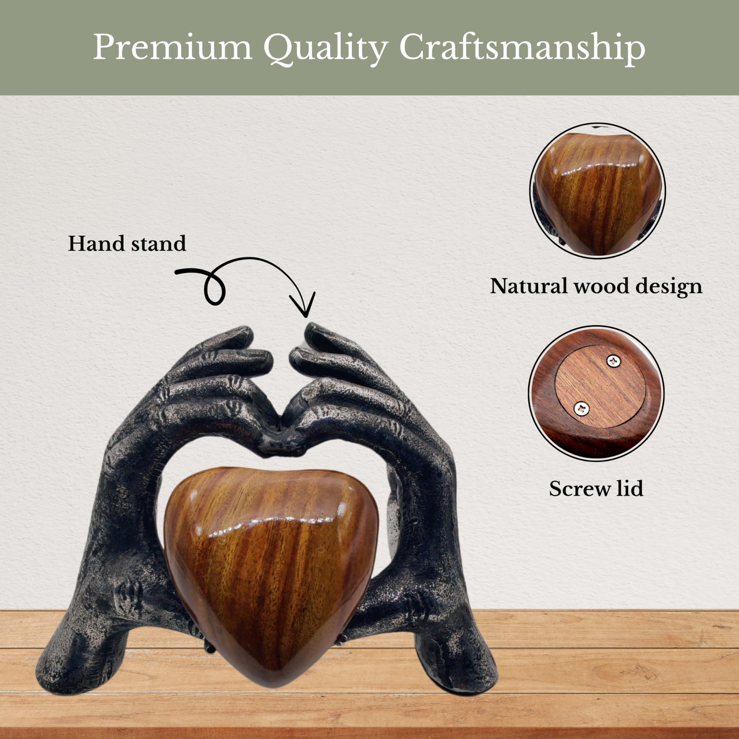 ZAHANAARA Wooden Heart Urn for Ashes Adult Male & Female |Handcrafted Memorial Box for Funeral|Memorial Gifts, Ashes Keepsake | Aluminum Cremation Urns|Unique Tribute in Hands Design - Silver, 3 cu in