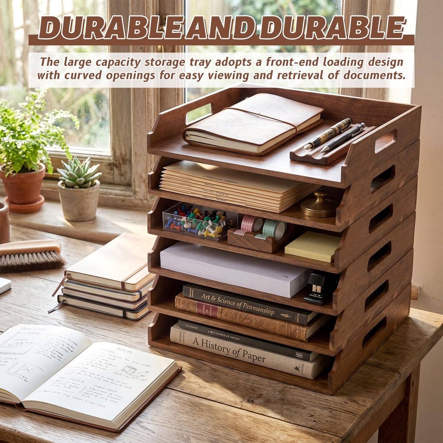 AceOrbit 6 Pcs Stackable Paper Tray Acacia Wood Desk Organizer Letter Tray 6 Tier Wooden File Organizer Desk Shelf for Documents, Letter Sorter, Envelopes and Magazine Holder