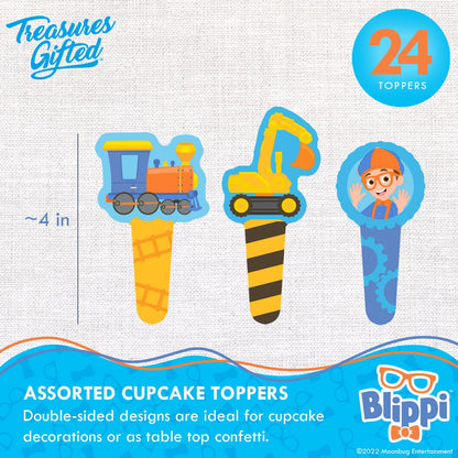 Treasures Gifted Officially Licensed Blippi Birthday Decorations Vehicle - Cake Topper Set - 1 Blippi Cake Topper & 24 Cupcake Toppers & Wrappers - Cake Decorations - Party Supplies
