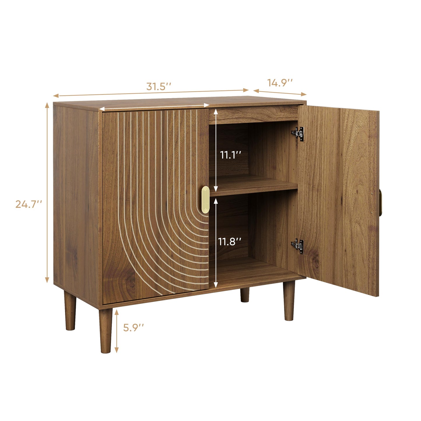 Smuxee Walnut Sideboard Cabinet, Freestanding Buffet Cabinet with Line Groove Design, Wood Storage Cabinet with Adjustable Shelf for Living Room, Entryway, Hallway
