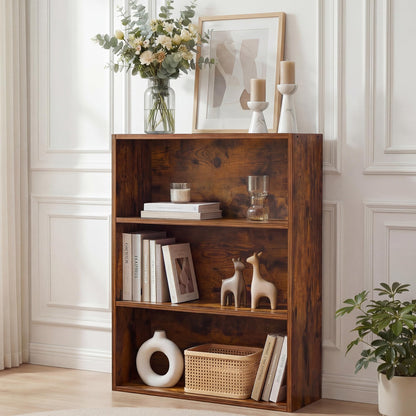 Alpen Bookshelf, 3 Shelf Bookcase Floor Standing Shelves for Bedroom, Short Bookshelf with Storage Adjustable Bookshelf Furniture for Home Office, Living Room, Nursery, Rustic Brown