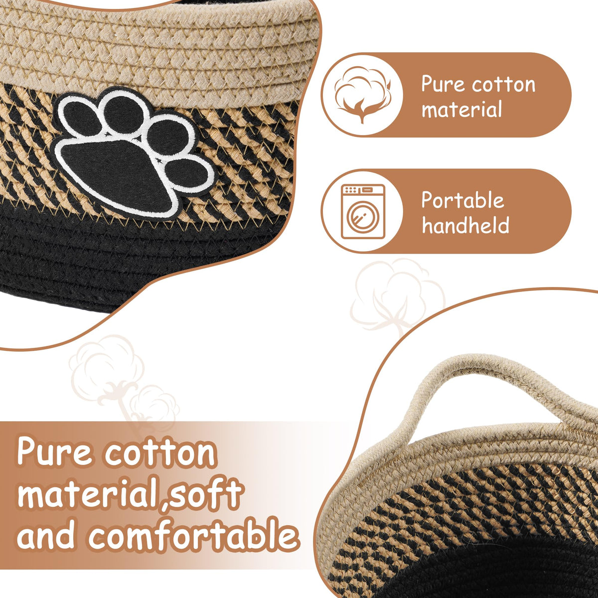 Small Woven Baskets for Organizing Rope Storage Basket with Handle Cute Cotton Nursery Gift Dog Toy Bins Organizer-Light Beige