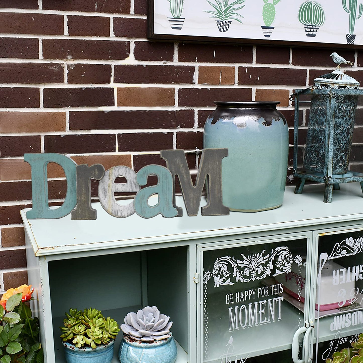 E-view Wooden Letters Sign Decorative Wood Block Signs Freestanding Word Cutout Distressed Teal Sign for Shelf Table Mantle Hanging Ornament Rustic Home Decor (Dream)