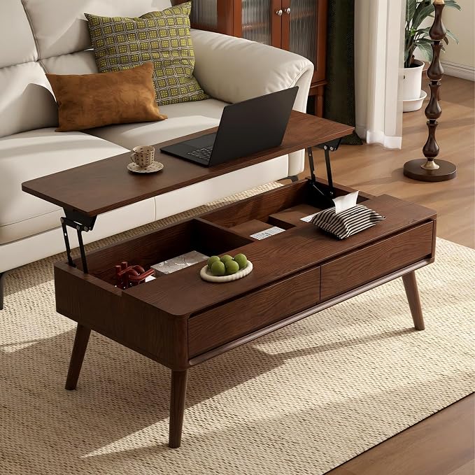 100% Solid Wood Lift Top Coffee Table for Living Room, Mid Century Modern Tables with Drawers and Large Storage, Oak Wood Coffee Tables for Small Spaces (Oak Walnut Color, 47.24"W x 23.62"D x 25.59"H)