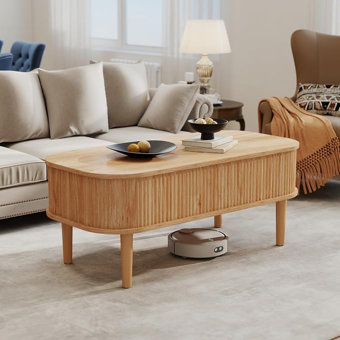 Fluted Lift Top Coffee Table with Hidden Storage, Oval Coffee Table with Lifting Top, Mid Century Modern Design for Living Room, Office & Small Spaces, Natural