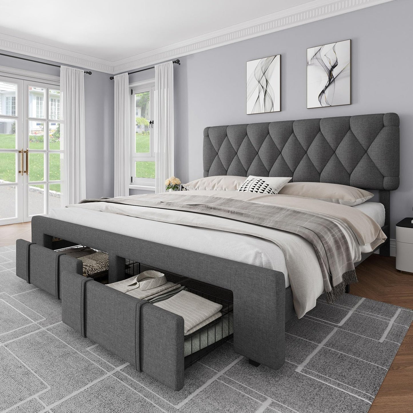 IDEALHOUSE Upholstered King Size Bed Frame, Velvet Platform Bed Frame with Storage Drawers, Mattress Foundation with Solid Wooden Slats Support, No Box Spring Needed, Grey