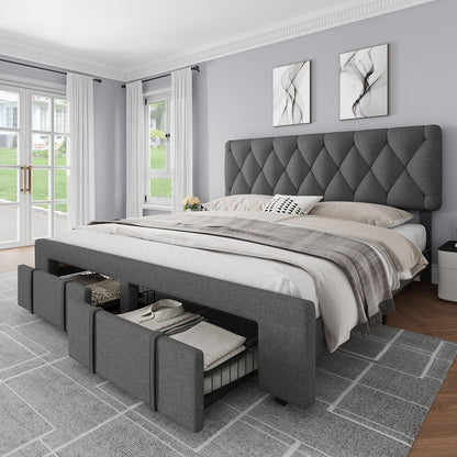 IDEALHOUSE Upholstered King Size Bed Frame, Velvet Platform Bed Frame with Storage Drawers, Mattress Foundation with Solid Wooden Slats Support, No Box Spring Needed, Grey