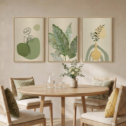 Framed Botanical Modern Wall Art for Living Room, 3 Piece Canvas Prints Boho Floral Green Picturs Wall Decor, Minimalist Neutral Sage Green Plant Wall Art for Bedroom Dining Room Office 16x24