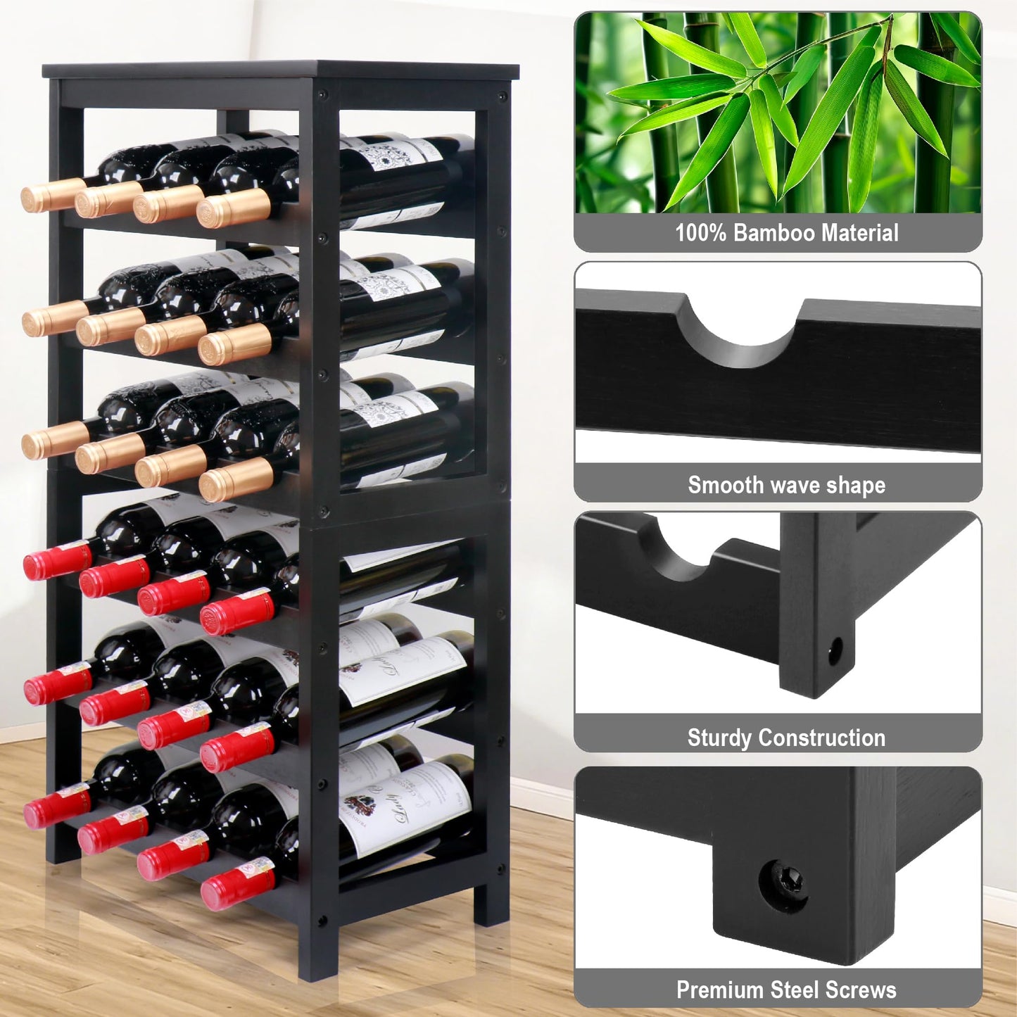 Thalomely Wine Rack Free Standing Floor, 6-Tier 24 Bottles Display Wine Storage Shelves with Table Top, Easy-Assembly Freestanding Bamboo Wine Racks for Kitchen Dining Room Bar, Black