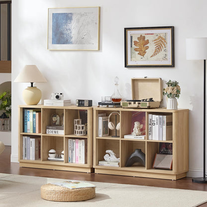 Joaxswe 6 Cube Storage Book Shelf, 40" Wide Low Horizontal Bookcase with Curved Edge, Floor Standing 2-Tier Wooden Bookshelf with Base, Modern Short Book Case for Bedroom, Study, Entryway, Natural Oak